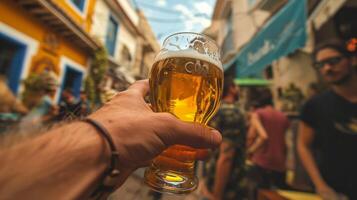 ai generiert ein des Mannes Hand halten ein Glas von Bier zuerst Person Sicht. hängen aus, Party Feier foto