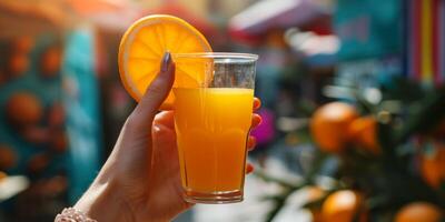 ai generiert ein Frau Hand halten ein Glas von Orange Saft zuerst Person Sicht. frisch Orange Saft Reich im Vitamin c zum gesund Leben foto