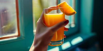 ai generiert ein Frau Hand halten ein Glas von Orange Saft zuerst Person Sicht. frisch Orange Saft Reich im Vitamin c zum gesund Leben foto