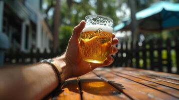 ai generiert ein des Mannes Hand halten ein Glas von Bier zuerst Person Sicht. hängen aus, Party Feier foto