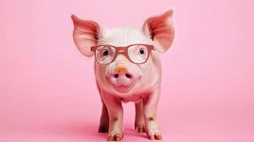 ai generiert Vorderseite von ein Schwein tragen Brille auf ein Rosa Hintergrund. foto