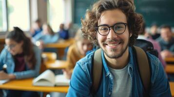 ai generiert glücklich Universität Schüler gehen auf ein Klasse beim das Universität und suchen beim Kamera. foto