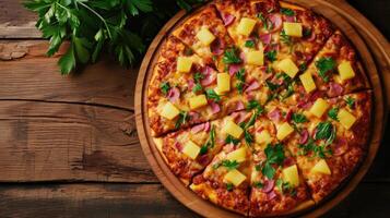 ai generiert hawaiisch Pizza rustikal Tabelle Hintergrund , hawaiisch Pizza auf hölzern Teller foto