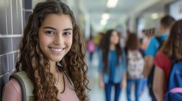 ai generiert glücklich Teenager Mädchen im Flur beim hoch Schule suchen beim Kamera. ihr freunde sind im das Hintergrund foto