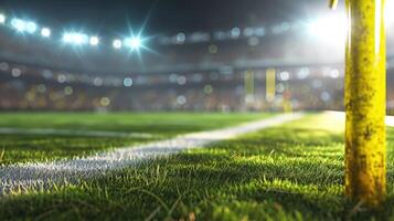 ai generiert amerikanisch Fußball Arena mit Gelb Tor Post, Gras Feld und verschwommen Fans beim Spielplatz Sicht. foto