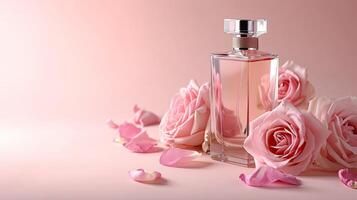 ai generiert Flasche von weiblich Parfüm mit Rosa Rosen auf Rosa Farbe Hintergrund foto