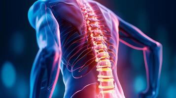 ai generiert zurück Schmerz, Rückenschmerzen, Mensch Rücken Röntgen Anatomie, betonen das Wirbelsäule, Knochen und Potenzial Verletzungen foto