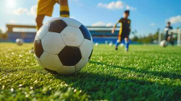 ai generiert Fußball Fußball Ausbildung Session zum Kinder. Jungs Ausbildung Fußball auf das Tonhöhe. Fußball Stadion im das Hintergrund foto