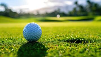ai generiert Weiß Golf Ball auf Golf Stift Grün Gras in der Nähe von Loch mit Golf Kurs Hintergrund foto