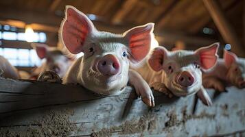 ai generiert Schweine warten Futter, Schwein Innen- auf ein Bauernhof Hof. Schwein im das Stall foto