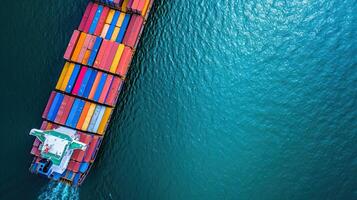ai generiert Antenne oben Aussicht Container Ladung Schiff im importieren Export Geschäft kommerziell Handel logistisch und Transport von International durch Container Ladung Schiff im das öffnen Meer foto
