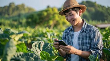 ai generiert Landwirt nutzen das Ader Daten Netzwerk im das Internet von das Handy, Mobiltelefon zu bestätigen, prüfen, und wählen das Neu Ernte Methode. jung Bauern und Tabak Landwirtschaft foto