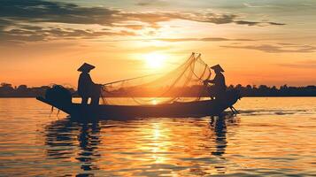 ai generiert Fischer auf Boot Angeln mit ein Fischnetz, das alt traditionell Ausrüstung von thailändisch Fischerei.Silhouette Szene foto