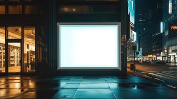 ai generiert leer spotten oben von Geschäft Straße Vitrine Fenster im ein Stadt beim Nacht foto