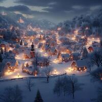 ai generiert Schnee bedeckt Dorf leuchtet bezaubernd unter Nachtzeit Erleuchtung zum Sozial Medien Post Größe foto