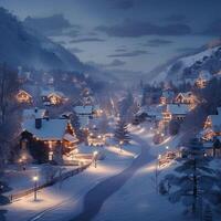 ai generiert Nachtzeit im ein schneebedeckt Dorf bringt magisch Erleuchtung zu Umfeld zum Sozial Medien Post Größe foto
