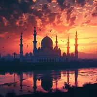 ai generiert Moschee Silhouette gegen Dämmerung Himmel schafft ein heiter, spirituell Atmosphäre zum Sozial Medien Post Größe foto