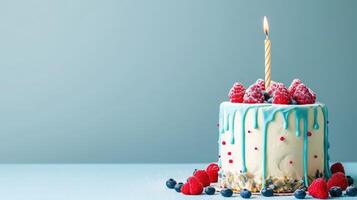 ai generiert köstlich Geburtstag Kuchen mit Kerze auf Licht Blau Hintergrund.Panorama Startseite oder Banner Konzept. foto