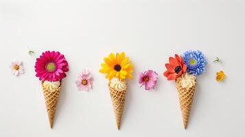 ai generiert Eis Sahne Kegel mit bunt Blumen foto