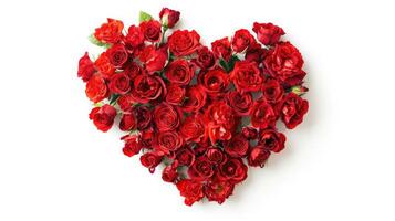 ai generiert Valentinsgrüße Tag Herz gemacht von rot Rosen isoliert auf Weiß Hintergrund. foto