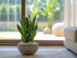 ai generiert Sansevieria trifasciata Schlange Pflanze im das Fenster von ein modern Zuhause oder Wohnung Innere foto