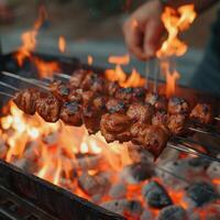 ai generiert Mann Grills Schaschlik Kebab Über Flammen, brutzelnd mit Köstlichkeit zum Sozial Medien Post Größe foto