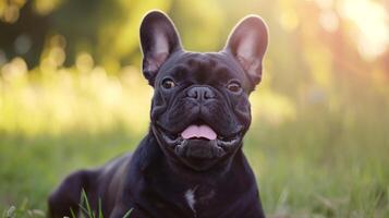 ai generiert Nahansicht Porträt von ein gestromt Französisch Bulldogge mit Herbst Bokeh Hintergrund foto