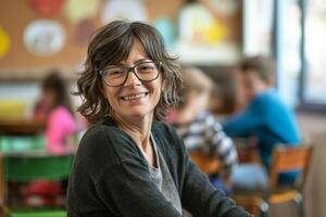 ai generiert glücklich mittleren Alters Lehrer mit Brille im ein beschwingt Klassenzimmer foto