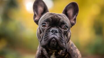 ai generiert Nahansicht Porträt von ein gestromt Französisch Bulldogge mit Herbst Bokeh Hintergrund foto