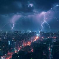 ai generiert Nachtzeit Stadtbild verbessert durch zwei auffällig Blitz Schrauben zum Sozial Medien Post Größe foto