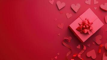 ai generiert Papier Kunst Valentinstag Tag Konzept Banner mit Hand gemacht Geschenk Kasten, Papier Schnitt Band, Bogen, und ein Menge von Herzen auf ein rot Hintergrund mit Raum zum Text. foto