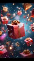 ai generiert magisch Weihnachten Überraschung fliegend Geschenk Kisten Kaskade im festlich Chaos Vertikale Handy, Mobiltelefon Hintergrund foto