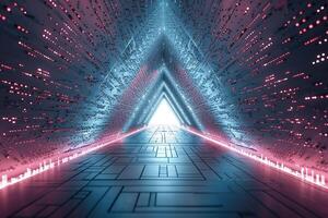 ai generiert Digital glühen Tunnel Neon- Licht Gehweg im Cyberspace, 3d Illustration foto