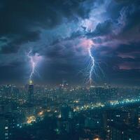 ai generiert Nachtzeit Stadtbild verbessert durch zwei auffällig Blitz Schrauben zum Sozial Medien Post Größe foto