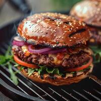 ai generiert lecker Vegetarier Burger geladen mit frisch, aromatisch Zutaten zum Sozial Medien Post Größe foto