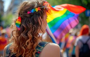 ai generiert Menschen beim Stolz Parade mit Regenbogen Flaggen. lgbtq Feier Marsch. foto