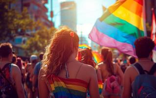 ai generiert Menschen beim Stolz Parade mit Regenbogen Flaggen. lgbtq Feier Marsch. foto