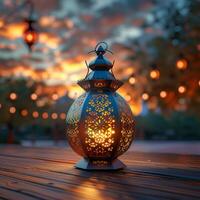 ai generiert Laterne leuchtet hölzern Tisch, Erstellen heiter Ambiente zum Ramadan zum Sozial Medien Post Größe foto