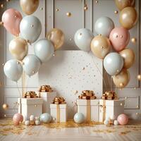 ai generiert Party Einladung mit Luftballons, die Geschenke, und Raum zum Text zum Sozial Medien Post Größe foto