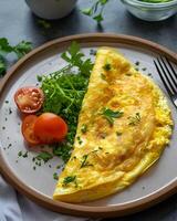 ai generiert Käse Omelette mit Tomaten und Sellerie Blätter serviert auf ein Licht Grün Teller foto