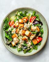 ai generiert Salz gebacken Sellerie braten Salat mit cremig Miso Senf Dressing auf Licht Grün Platte, das Tabelle zum Platzierung Platten ist oben Zemente Tabelle foto