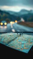 ai generiert Auto Ausflug Abenteuer mit Straße Karte navigieren das Reise voraus Vertikale Handy, Mobiltelefon Hintergrund foto