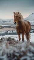 ai generiert isländisch Landschaft geschmückt mit großartig Pferd schafft ein atemberaubend Aussicht Vertikale Handy, Mobiltelefon Hintergrund foto