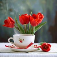 ai generiert rot Tulpen vereinbart worden neben ein dämpfen Tasse von Tee zum Sozial Medien Post Größe foto