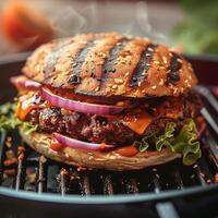 ai generiert verlockend Vegetarier Burger bietet an ein lecker Fleisch kostenlos Essen Möglichkeit zum Sozial Medien Post Größe foto