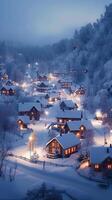 ai generiert Schnee bedeckt Dorf leuchtet bezaubernd unter Nachtzeit Erleuchtung Vertikale Handy, Mobiltelefon Hintergrund foto