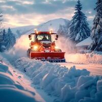 ai generiert Schnee Entfernung Ausrüstung funktioniert zu klar Winter Straße zum Pendler zum Sozial Medien Post Größe foto