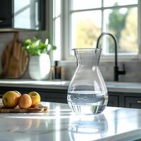 ai generiert sauber Wasser Quelle Glas Karaffe bietet rein Trinken Wasser im Küche zum Sozial Medien Post Größe foto