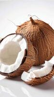 ai generiert tropisch locken Kokosnuss isoliert auf Weiß Hintergrund, bereit zum Bearbeitung Vertikale Handy, Mobiltelefon Hintergrund foto