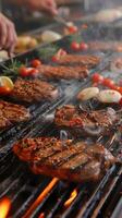 ai generiert brutzelnd Grill Rindfleisch und Hähnchen Steaks verschlungen im feurig Flammen Vertikale Handy, Mobiltelefon Hintergrund foto